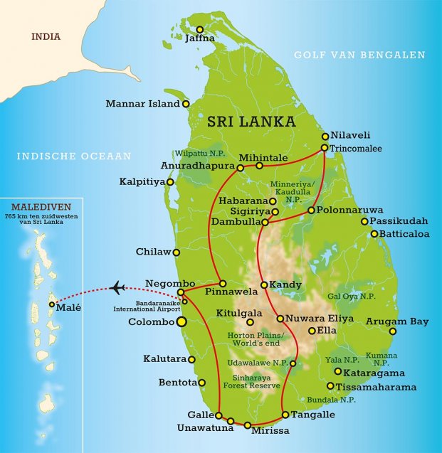 Routekaart Sri Lanka & Malediven Magic 17 dagen